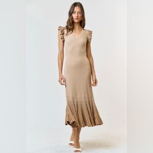 RUFFLE SLEEVE PLEATED MERMAID SWEATER MAXI DRESS IN TAN - Size M Medium